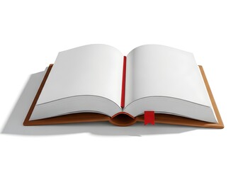 An open book with blank pages and a red ribbon bookmark, casting a shadow on a white surface.