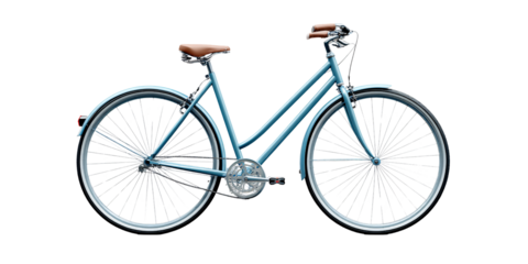 Stylish blue bicycle with brown leather seat and handlebars, isolated on black background Concept of urban transport, cycling, and healthy lifestyle