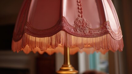 A close-up of a pink fringed lampshade on a gold base, evoking a vintage aesthetic with its delicate lace detailing and soft glow.