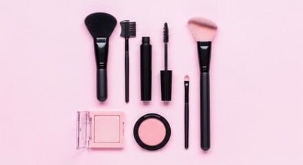 A collection of makeup brushes, mascara, and powder are neatly arranged on a soft pink background
