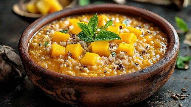 Nutritious cooked acha porridge served in a rustic clay bowl, topped with fresh mango cubes, mint leaves, and seeds. A wholesome, traditional African dish presented in natural lighting.