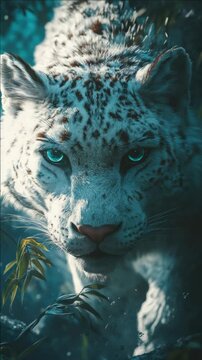 A snow leopard in a dense forest, its eyes glowing with intensity, conveying the stealth and beauty of this cryptic species.