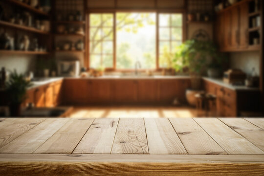 Wooden kitchen table with empty space for showcasing a product with blurred bright and cozy kitchen interior and warm sunlight streaming through a large window.