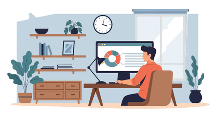 Man Analyzing Data Charts on Computer From Home Office Setup