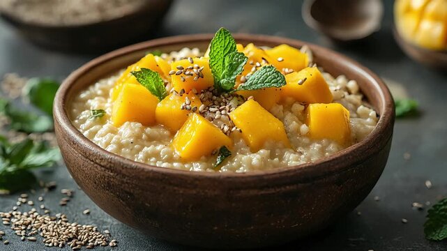 Cooked acha porridge in a rustic clay bowl, beautifully topped with fresh mango cubes, mint leaves, and chia seeds. A nutritious, traditional, and visually appealing tropical breakfast dish.