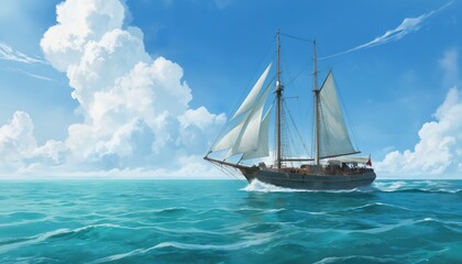Classic sailboat navigates calm turquoise waters under bright blue sky with scattered clouds. Illustration captures of nautical travel, adventure, freedom on sunny day at sea. Perfect for themes of