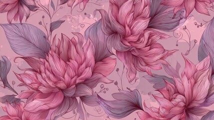 Intricate floral arrangement of blooming flowers and leaves in shades of pink and purple, creating a graceful and eye-catching pattern.