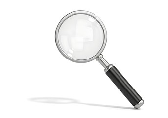 A magnifying glass with a silver rim and black handle, isolated on a white background, casts a subtle shadow.