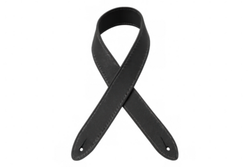 Black leather guitar strap, folded and isolated on a transparent background, highlighting its quality design and stylish appearance