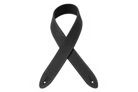 Black leather guitar strap, folded and isolated on a transparent background, highlighting its quality design and stylish appearance