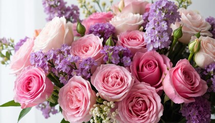 Vibrant bouquet features pink, purple, white roses mixed with delicate purple filler flowers. This romantic floral arrangement showcases fresh, elegant blooms with intricate petals, soft textures.