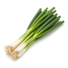 "A fresh bunch of spring onions with roots and green tops on a white background, realistic studio photo"

