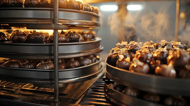 Steam rises from stacked trays of garlic bulbs slowly transforming into black garlic inside warm fermenting rice cookers. Golden tungsten lights highlight the moist, rich textures.