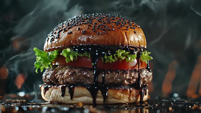 Juicy gourmet burger stacked with fresh lettuce and tomato, dripping with rich black garlic aioli under moody dark lighting. Smoky background adds depth to this mouthwatering scene.