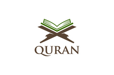 Holy book of the Quran, on a wooden table for reading, the central religious text of Islam. Logo design vector illustration icon symbol.