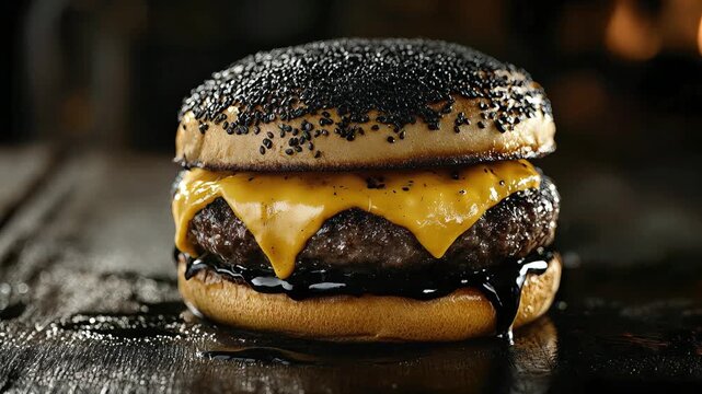 Mouthwatering gourmet cheeseburger with melted cheddar and dripping black garlic aioli on a toasted black sesame bun, captured in a dark, moody setting that highlights its rich texture.