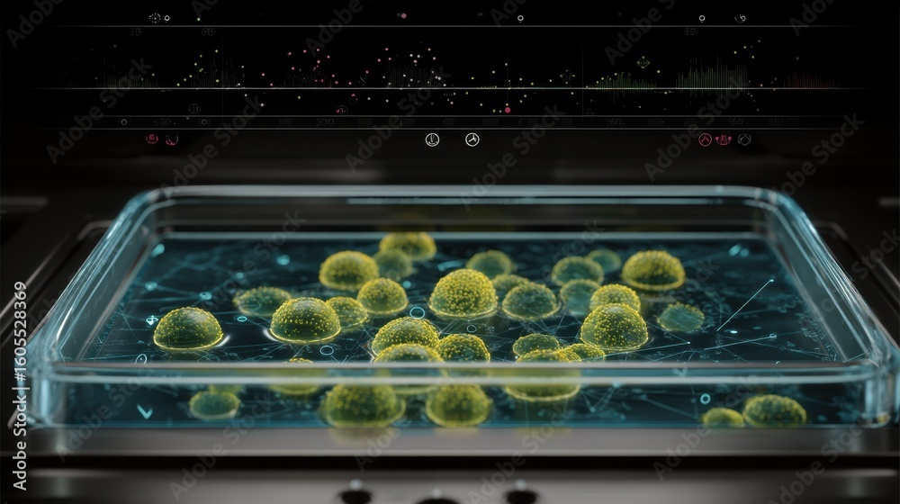 Poster microscopic view of stem cells growing and clustering inside a bioengineered gel matrix, with ai enh