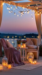 Cozy outdoor seating area with soft lighting, plush cushions, and decorative lanterns, creating a serene atmosphere for relaxation and enjoyment during sunset