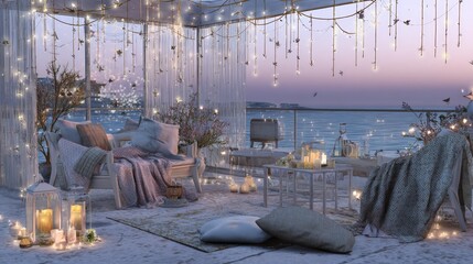 Cozy outdoor lounge area with soft cushions, decorative lights, and candles, creating a serene atmosphere by the water during twilight, perfect for relaxation and gatherings