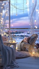Cozy balcony scene with soft blankets, decorative pillows, and glowing fairy lights, overlooking a serene waterfront at dusk, creating a tranquil atmosphere for relaxation