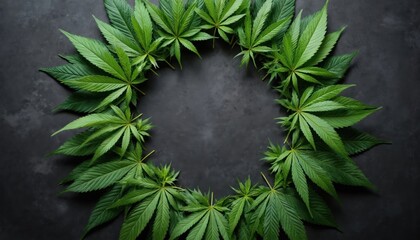 Circular frame of vibrant green cannabis leaves on dark textured background. Features hemp theme, providing ample space for text, graphics. Perfect for medical marijuana, health, wellness content.