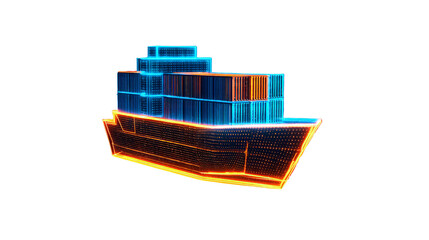 Digital container ship with glowing orange and blue lights on transparent background