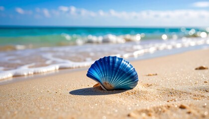 Obraz premium Blue seashell on sandy beach