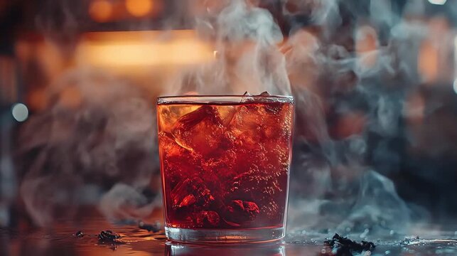 Slow pour of deep-ruby cascara tea into a glass with ice, rich steam rising in swirls against a moody background. The vibrant color and texture evoke warmth and aromatic freshness.