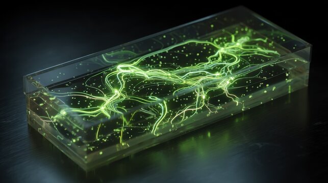 Transparent organ on a chip revealing microfluidic channels with flowing nutrients through illuminated vascular network, showcasing biomedical engineering innovations