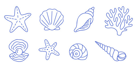 Set of 8 vector marine icons with shells, coral, pearl, conch, starfishes. Blue outline editable vector elements