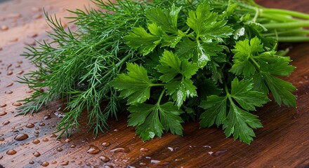 Fototapeta premium Fresh green herbs of dill and parsley on wooden surface 