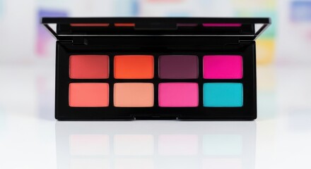 A black makeup palette with eight vibrant eyeshadows in shades of pink, orange, coral, and blue