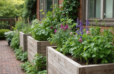 Raised wooden planters overflowing with vibrant herbs, flowers line brick patio. Sunlight illuminates greenery, beautiful spring garden design. Rustic outdoor space offers peaceful, natural setting