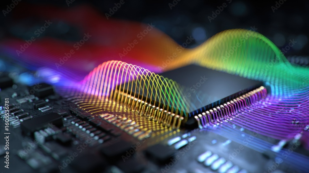 Aufkleber intricate wave patterns transferring digital information across advanced microchip surface, represen