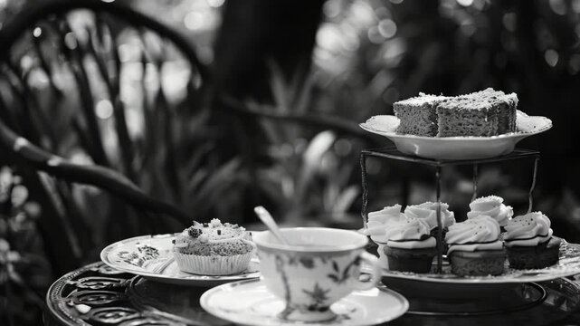 A delightful dessert setup featuring cake slices, pastries, and tea or coffee. High angle shot gives an elegant view of the treats.