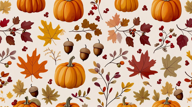 Seamless autumn pattern with pumpkins acorns leaves and berries on light background