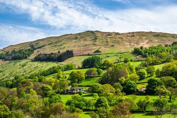 Farms and Fields over Lake District, Townend house, Troutbeck, Windermere, Cumbria, UK	