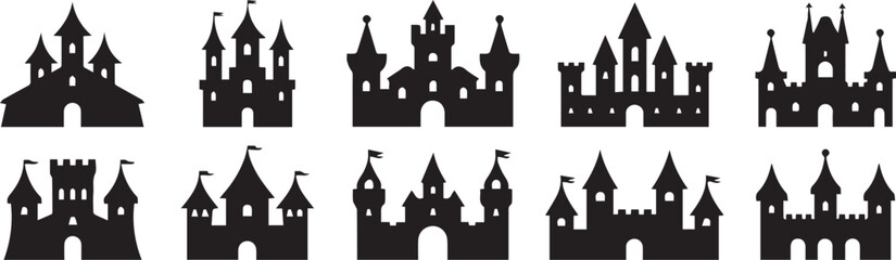 Obraz premium medieval castle silhouette vector icons black castle shapes for graphic design, branding logo creation ai eps png