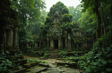 Ancient stone temple ruins overgrown with green vegetation, moss. Intricate carvings, weathered stone architecture create mysterious atmosphere. Sunlight filters through jungle canopy onto pathways,