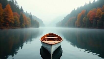 A wooden rowboat on a misty lake surrounded by autumn trees in a serene and peaceful landscape view