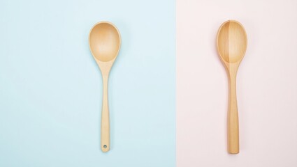 Two wooden spoons on a split background of light blue and light pink creating a minimalist aesthetic