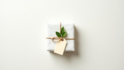 A white gift box tied with twine and a tag with a green leaf on a white background overhead shot