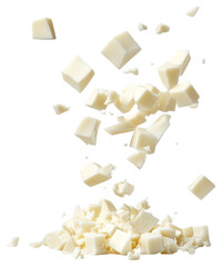 PNG Small diced Mozzarella cheese food falling white.