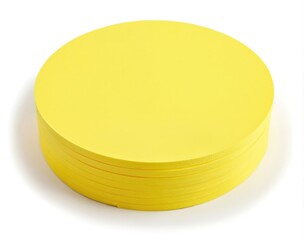 Stack of round yellow sticky notes on clean white background. Simple, minimal design perfect for office organization, reminders, messages, communication, planning, lists. Essential stationery supply