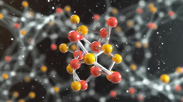 3D  depicts the chemical structure of a glucose molecule with carbon, hydrogen and oxygen atoms.