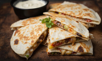 Golden brown Mexican quesadillas filled with cheese, beans, vegetables, served with side of creamy dip. Crispy tortilla exterior with visible melted cheese. Perfect for culinary blogs, food