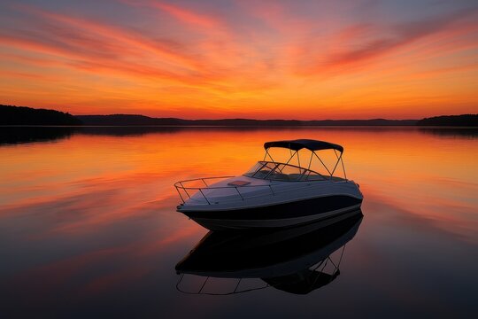 Tranquil Great Lakes sunset with elegant sailboat silhouetted against brilliant orange and pink sky