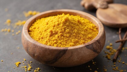 Bright yellow Asafoetida powder in wooden bowl. This pungent spice, used in Indian cookery, offers aromatic flavor for dishes. Essential kitchen ingredient for authentic cuisine and digestive aid.
