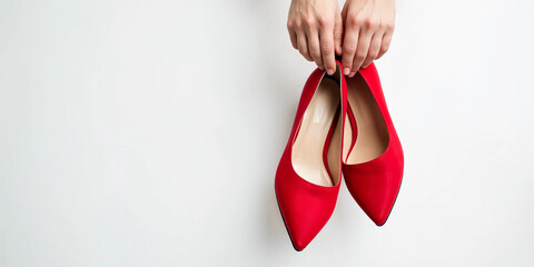 Female Hands Holding Red Shoes on White Background — Fashion Banner with Copy Space