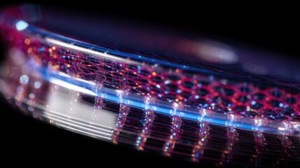 Closeup textured lens surface rotates, demonstrating anti scratch and anti reflective coatings, highlighting advanced properties achieved without organic solvents on a black background